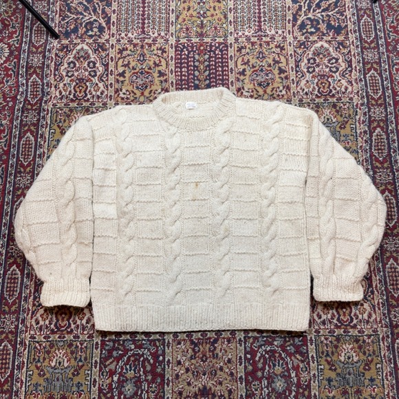 VTG 80s 90s Handmade Ecuador 100% Wool Cable Knit Sweater Cream L-XL Heavyweight